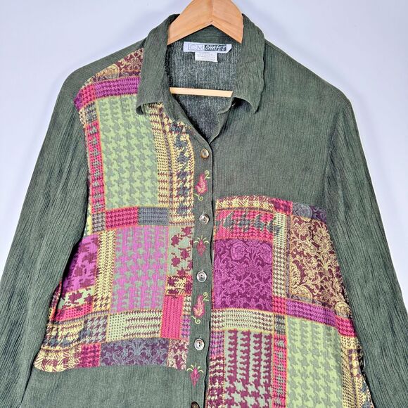 CM Shapes Women's Large Green Crinkle Rayon Blouse Artsy Patchwork Boho Top - Picture 2 of 11